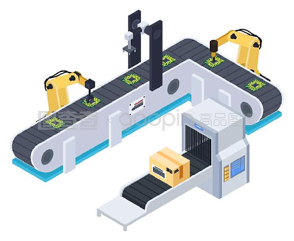 自動(dòng)化生產(chǎn)的機(jī)械裝置?？刂戚斔蜋C(jī)上微芯片的智能機(jī)器。工廠生產(chǎn)和運(yùn)輸產(chǎn)品。平面式自動(dòng)化的矢量圖示。工廠自動(dòng)化生產(chǎn)的機(jī)械裝置
