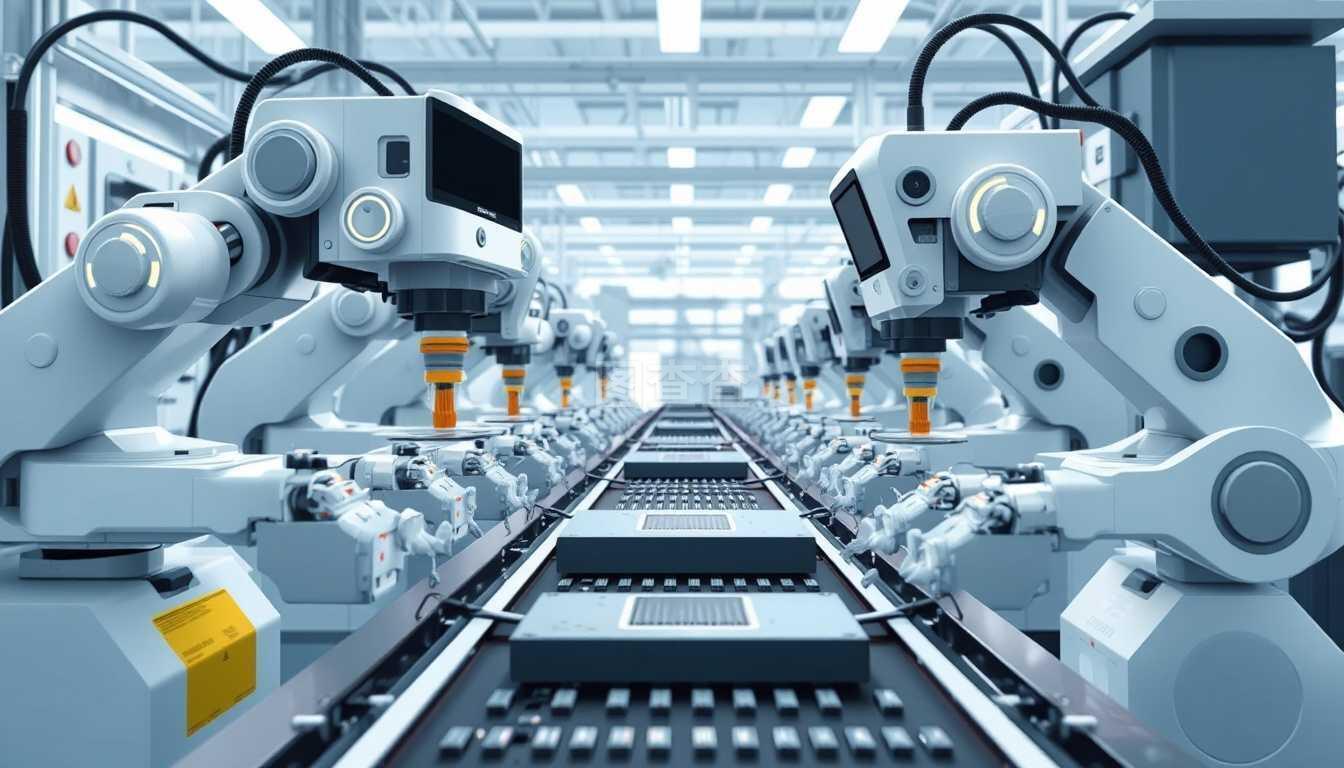 自動(dòng)化生產(chǎn)的機(jī)械裝置?？刂戚斔蜋C(jī)上微芯片的智能機(jī)器。工廠生產(chǎn)和運(yùn)輸產(chǎn)品。平面式自動(dòng)化的矢量圖示。工廠自動(dòng)化生產(chǎn)的機(jī)械裝置