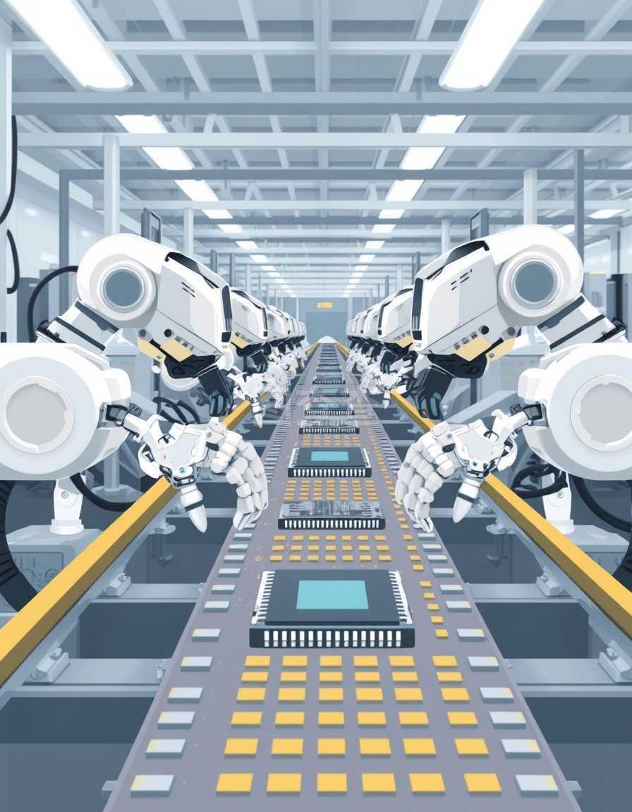 自動(dòng)化生產(chǎn)的機(jī)械裝置。控制輸送機(jī)上微芯片的智能機(jī)器。工廠生產(chǎn)和運(yùn)輸產(chǎn)品。平面式自動(dòng)化的矢量圖示。工廠自動(dòng)化生產(chǎn)的機(jī)械裝置